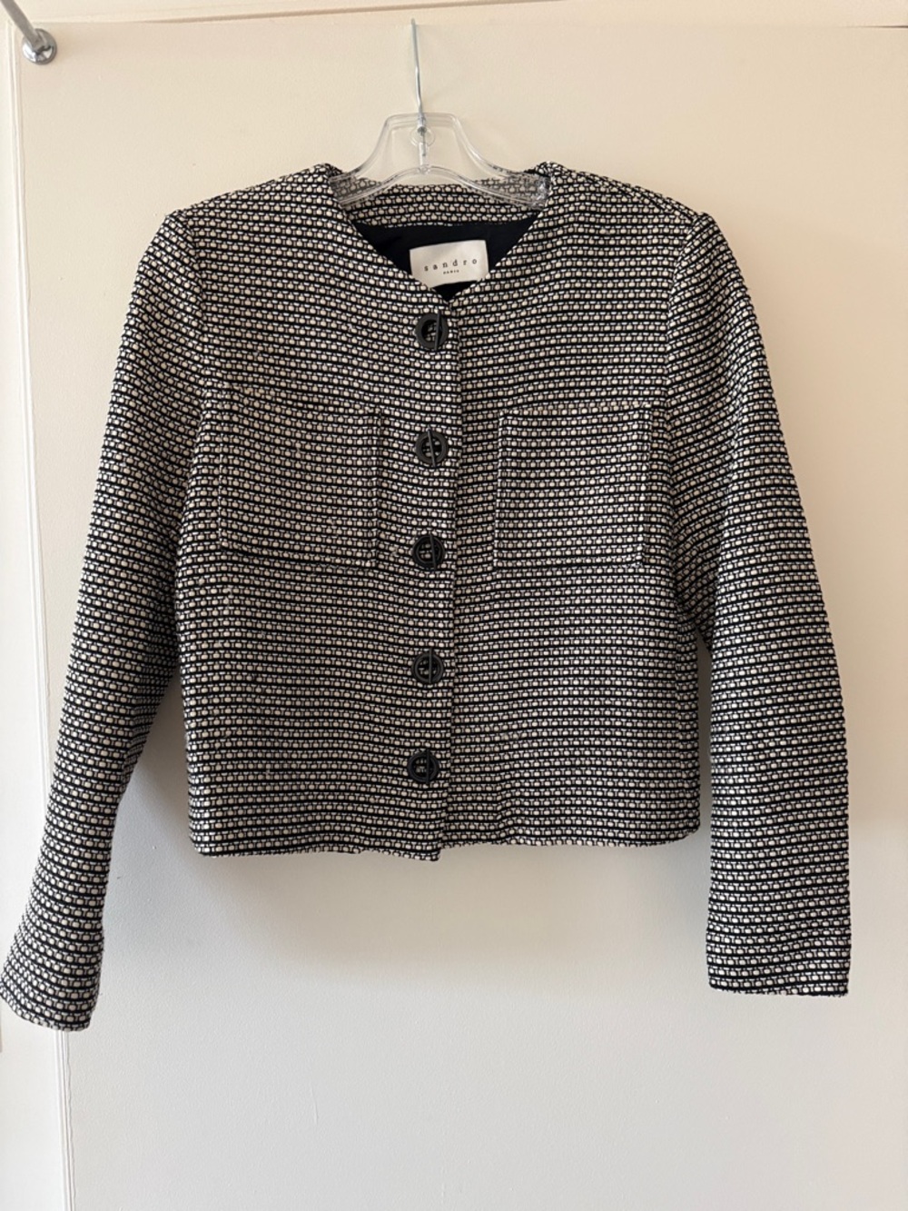 Sandro Black & White Textured Button-Front Cropped Jacket